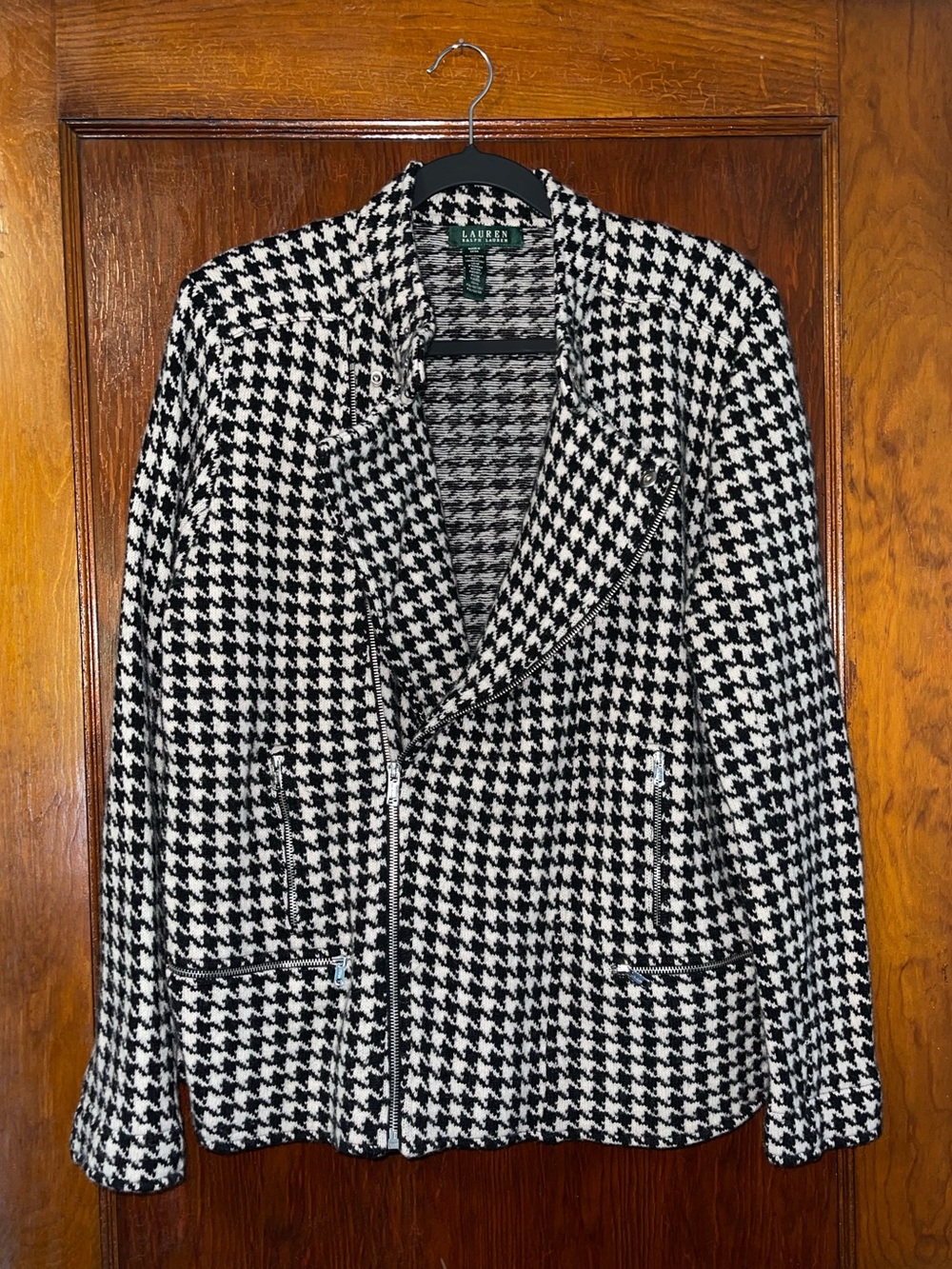 Lauren Ralph Lauren 100% Lambswool Houndstooth Moto Blazer